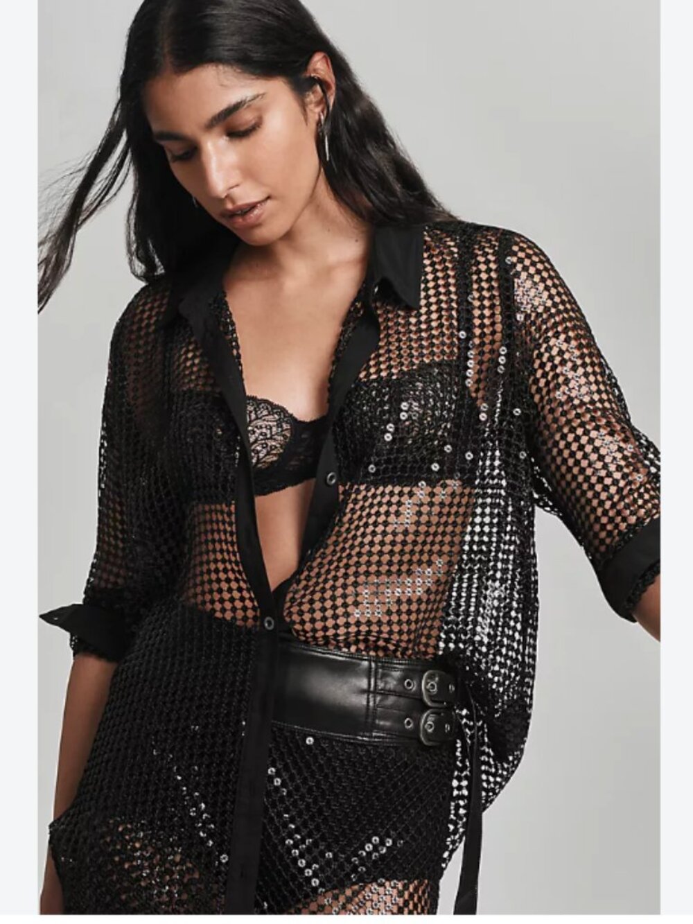 Anthropologie Pilcro Long-Sleeve Chainmail Buttondown Black Sequin Shirt Blouse